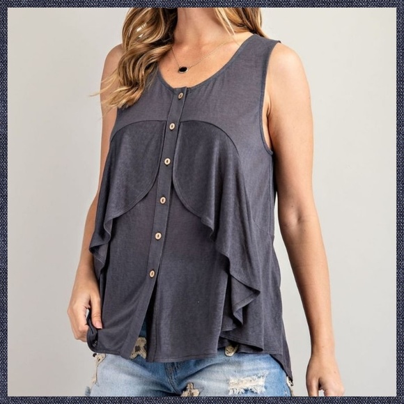 EASEL Button Down Flowy Tunic Top Ruffle Detail Front Pleated Back - Picture 5 of 14